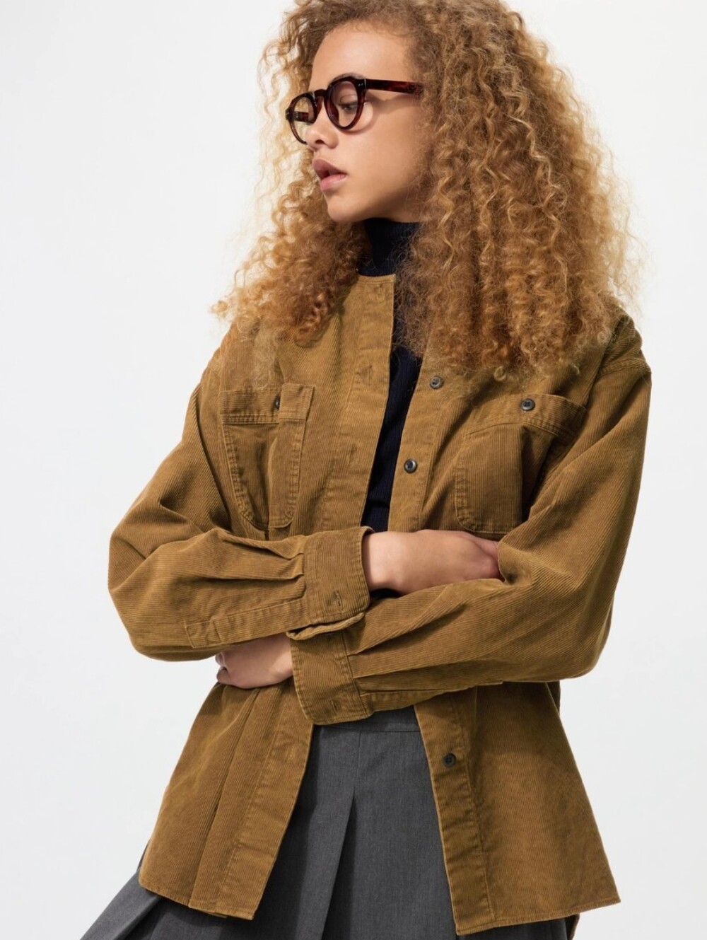 Uniqlo Women's Brown Corduroy Long Sleeves Utility Shirt Jacket Sz L Fall Casual